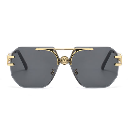 Rimless Flat Top Aviator Sunglasses with Medallion Temples J11121