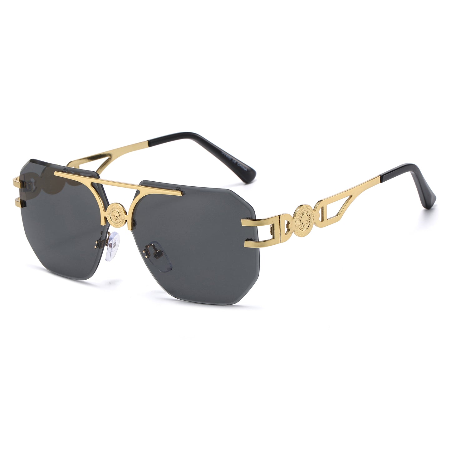 Rimless Flat Top Aviator Sunglasses with Medallion Temples J11121