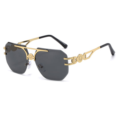 Rimless Flat Top Aviator Sunglasses with Medallion Temples J11121