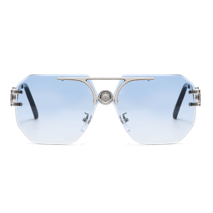 Rimless Flat Top Aviator Sunglasses with Medallion Temples J11121
