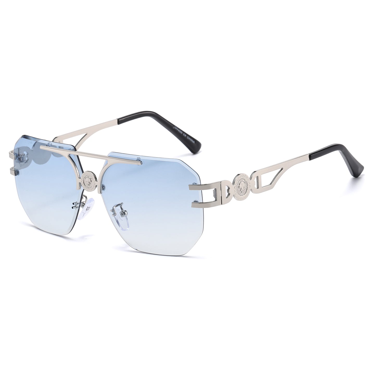 Rimless Flat Top Aviator Sunglasses with Medallion Temples J11121