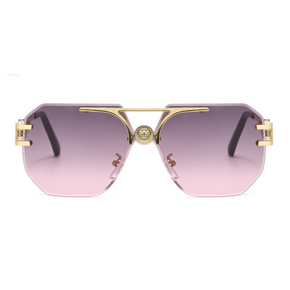 Rimless Flat Top Aviator Sunglasses with Medallion Temples J11121
