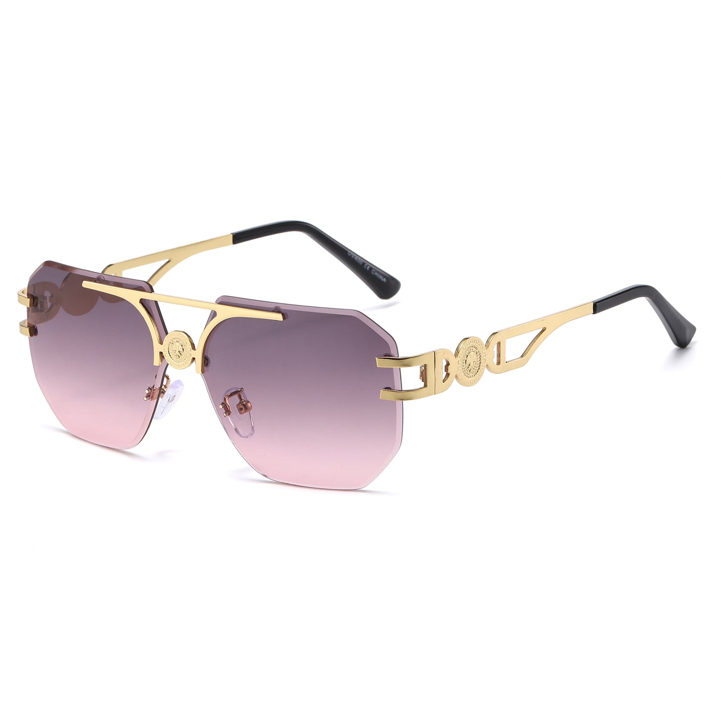 Rimless Flat Top Aviator Sunglasses with Medallion Temples J11121