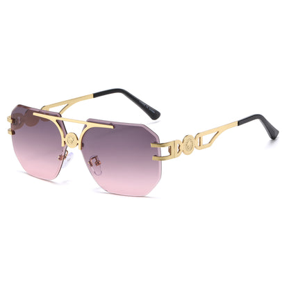 Rimless Flat Top Aviator Sunglasses with Medallion Temples J11121
