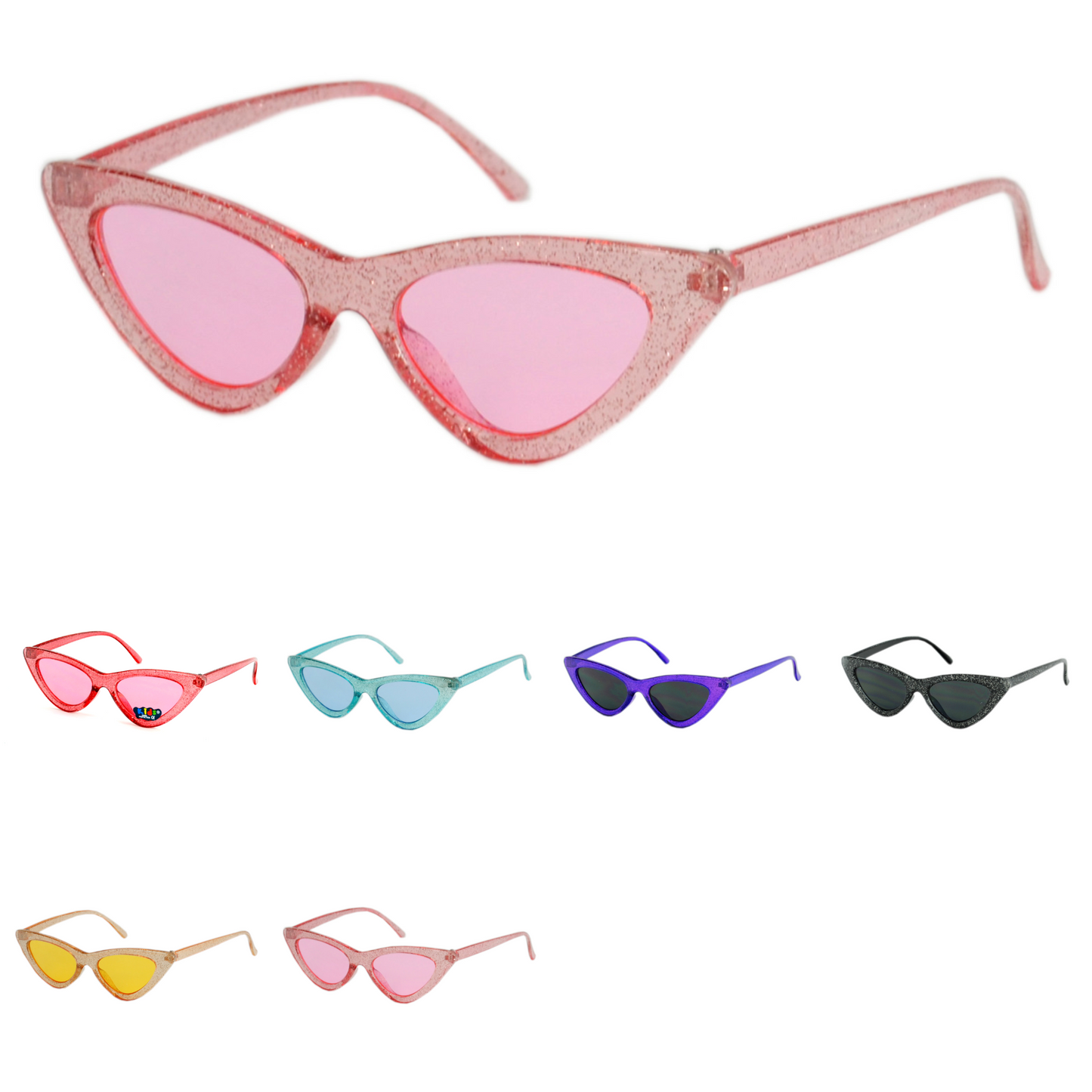 Girls' Retro Glitter Cat-Eye Sunglasses – Narrow Vintage 90s Sparkle Frame K10369