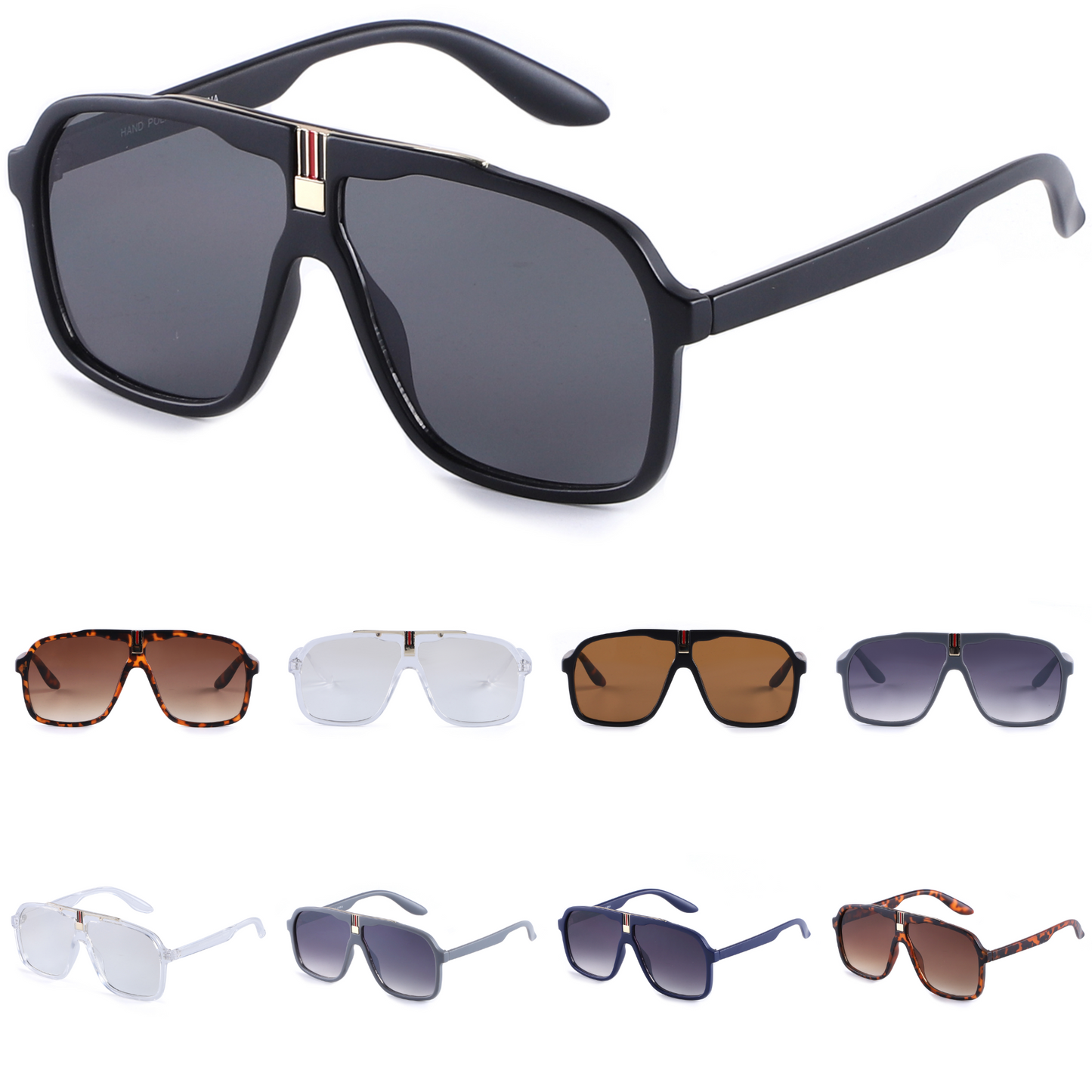 Oversized Square Navigator Sunglasses with Striped Bridge P10897