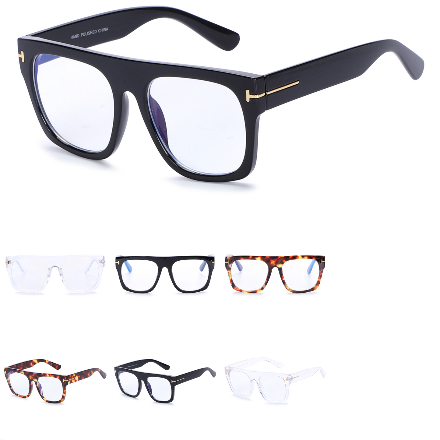 Fashion Flat Top Square Blue Light Frames with Gold T-Logo Metal Side Hardware P10979BLB