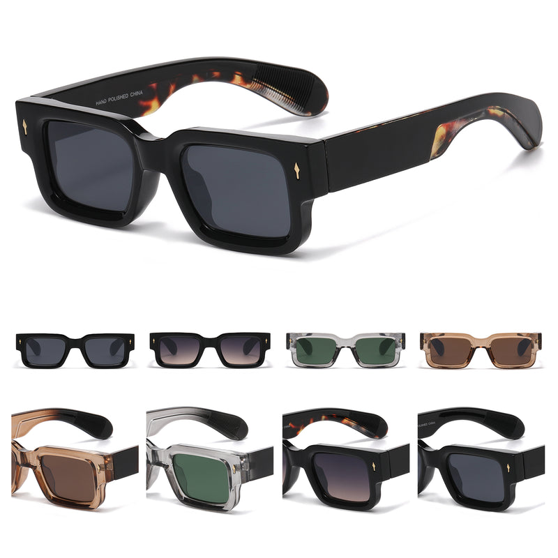 Fashion Rectangular Sunglasses with Gold Accent Rivets and Wide Side Temples P11092
