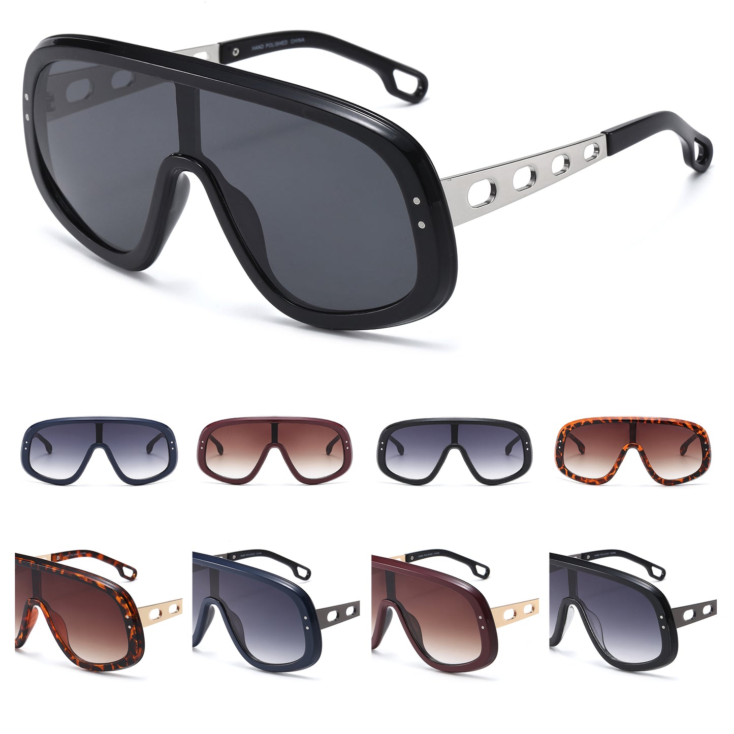 Unisex Oversized Shield Sunglasses wtih Detailed Metal Temples P11122
