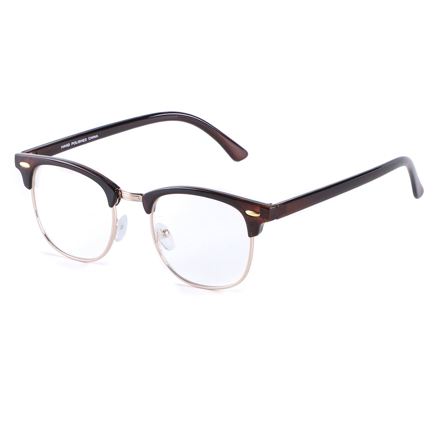 Retro Clubmaster Style Eyewear with Semi-Rimless Frames and Oval Side Rivets P1947Clear