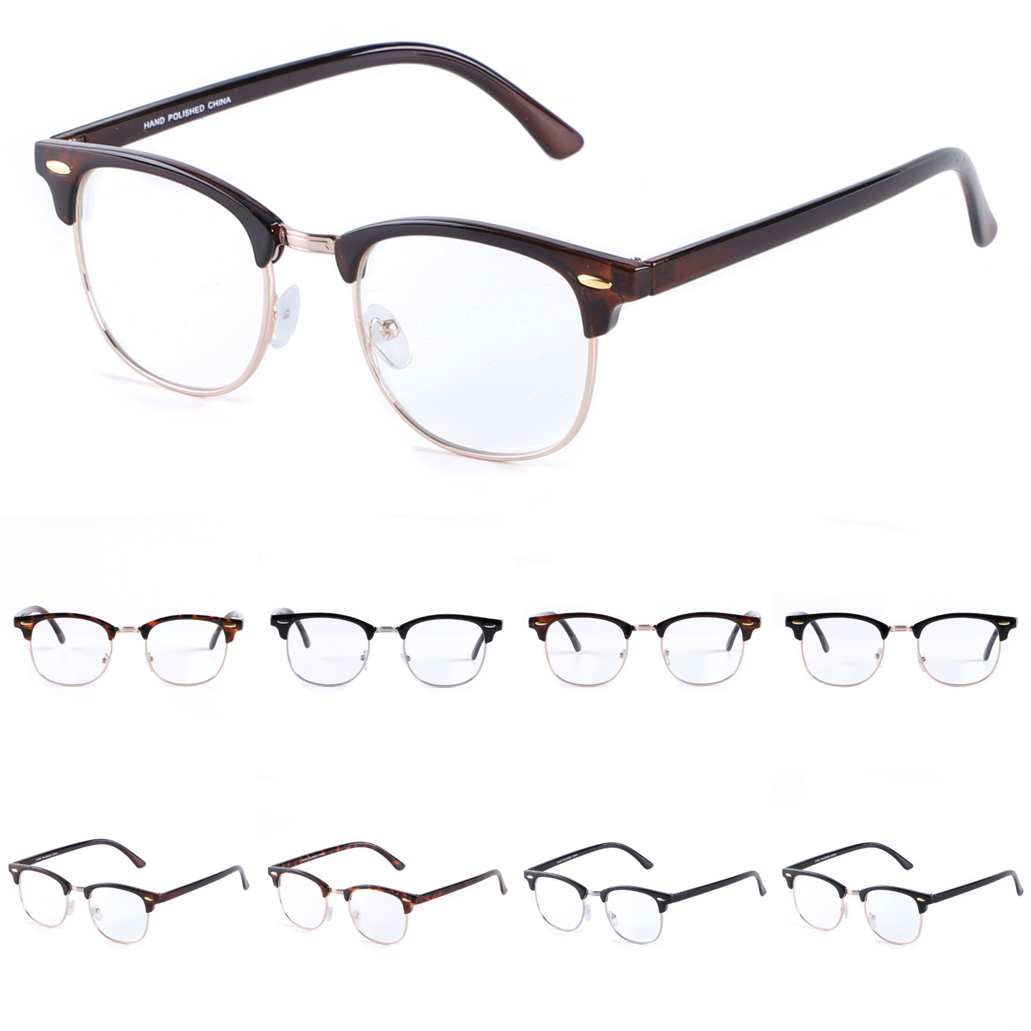 Retro Clubmaster Style Eyewear with Semi-Rimless Frames and Oval Side Rivets P1947Clear