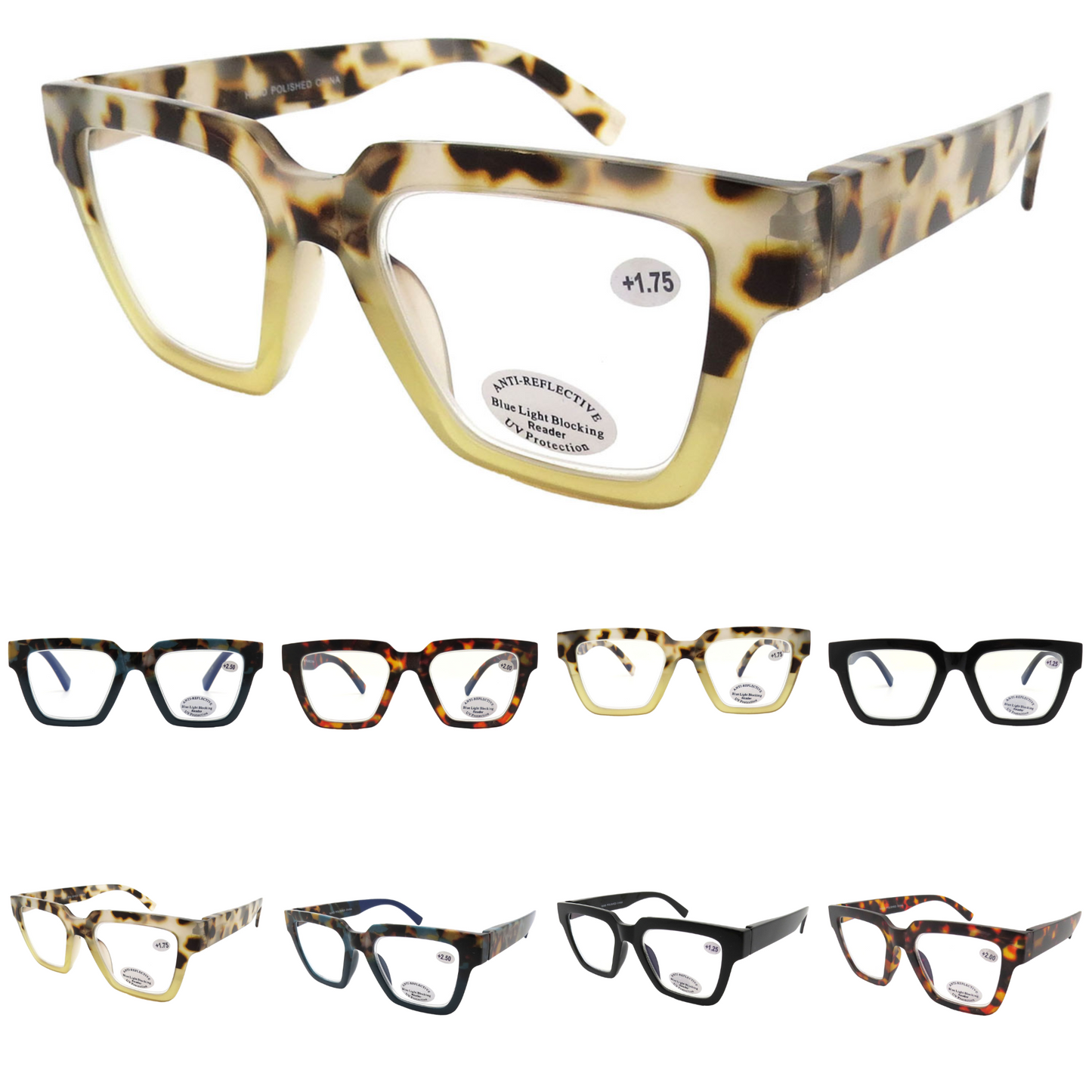 Thick Square Blue Light Blocking Reading Glasses Bold Retro Frame with Wide Temples RJ11132-BLB