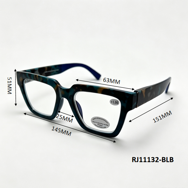 Thick Square Blue Light Blocking Reading Glasses Bold Retro Frame with Wide Temples RJ11132-BLB