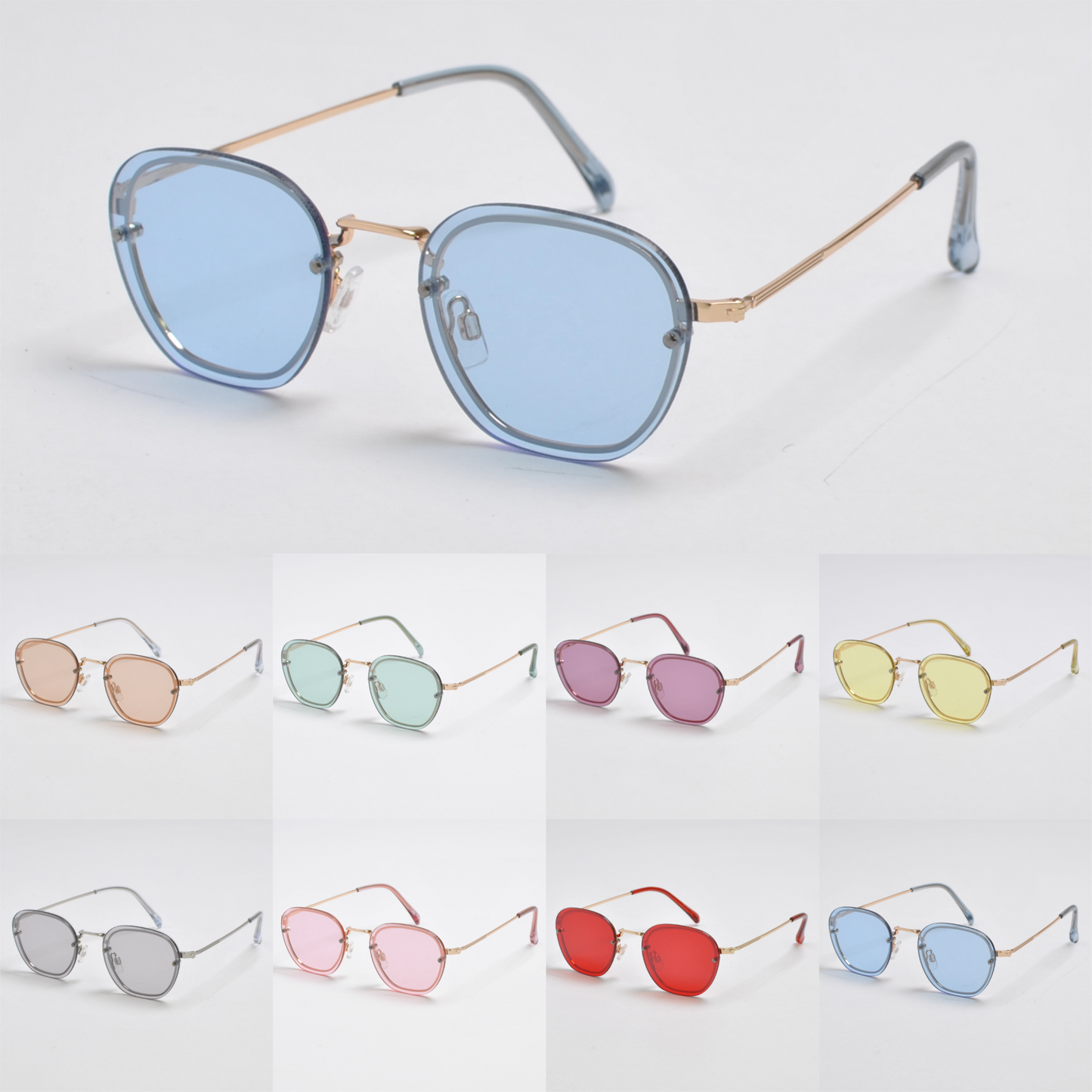 Hex-Oval Rimless Tinted Sunglasses with Gold MetalTemples SK10470