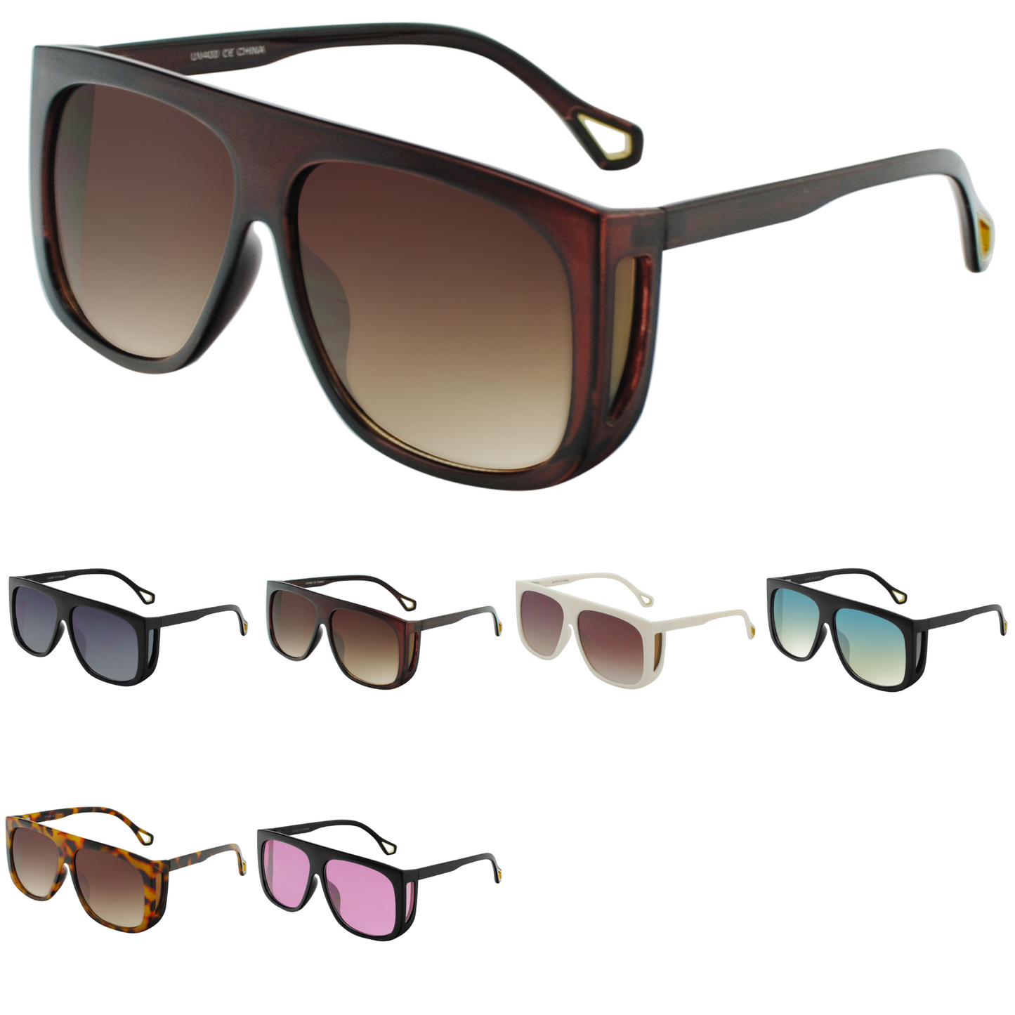 Retro Square Shield Sunglasses with Flat Top Brow & Side Cut-Outs SK10585