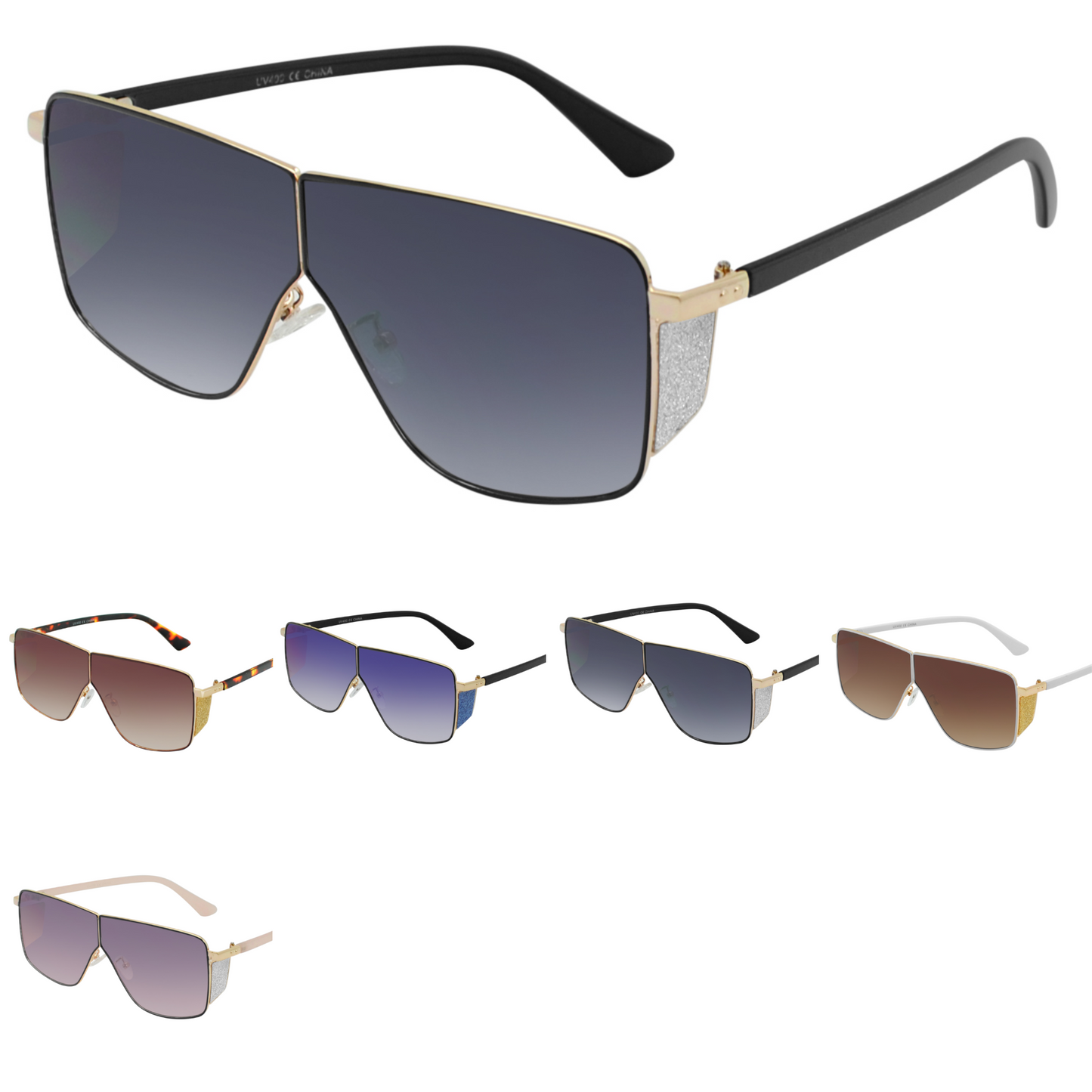 Glam Women's Oversized Square Shield Sunglasses with Glitter Side Panels SK10595