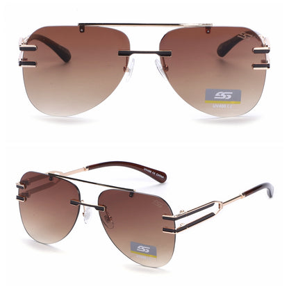 Luxury Rimless Aviator Sunglasses with Double Bridge and Unique Split Temple SS10957