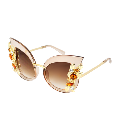 Cat Eye Sunglasses with Gold Leaf and Jewel Accents TD10279