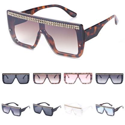 Oversized Square Flat Top Shield Sunglasses with Rhinestone Top Bar TD10816