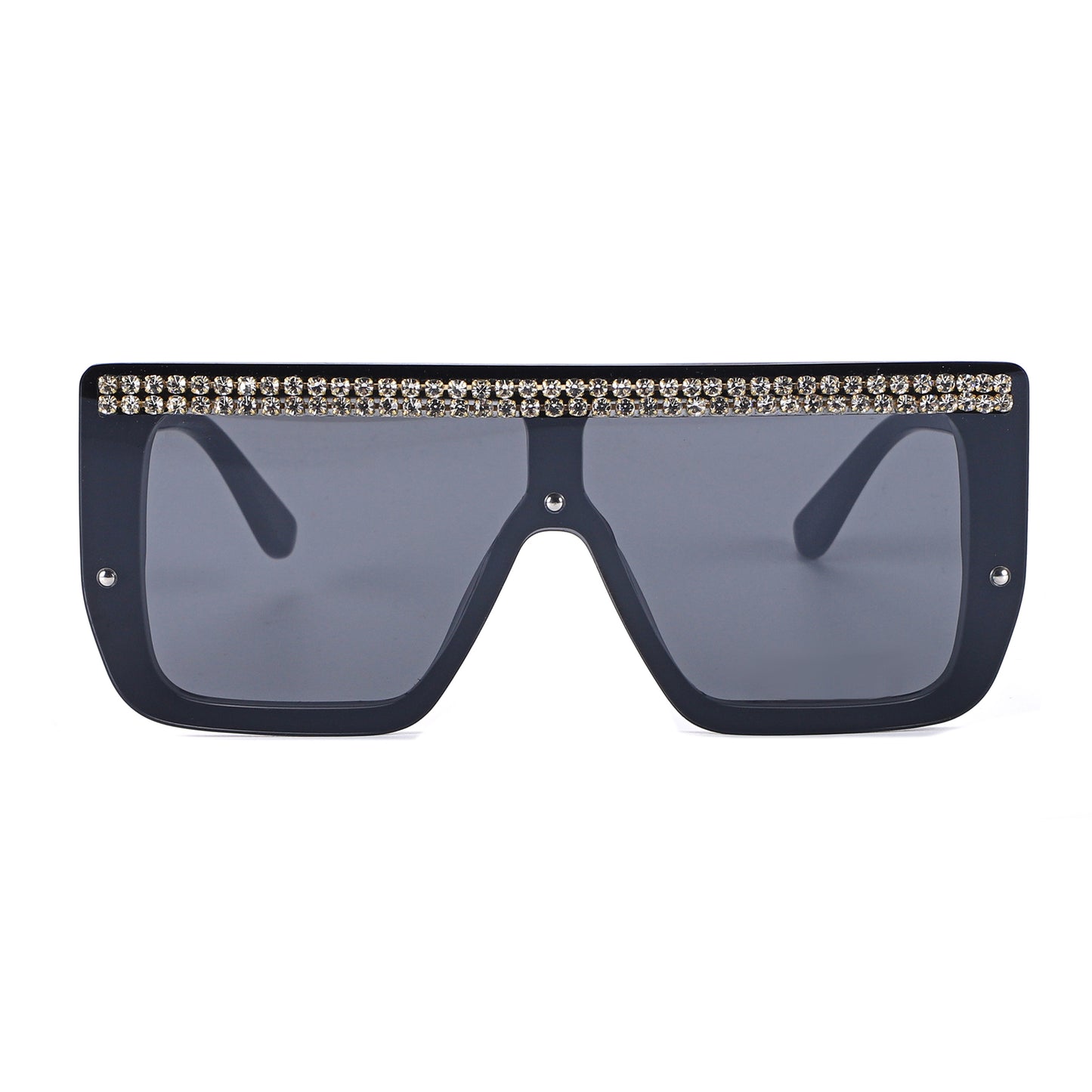 Oversized Square Flat Top Shield Sunglasses with Rhinestone Top Bar TD10816