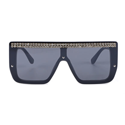 Oversized Square Flat Top Shield Sunglasses with Rhinestone Top Bar TD10816