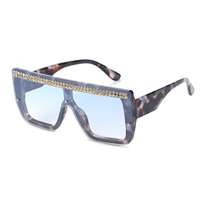 Oversized Square Flat Top Shield Sunglasses with Rhinestone Top Bar TD10816
