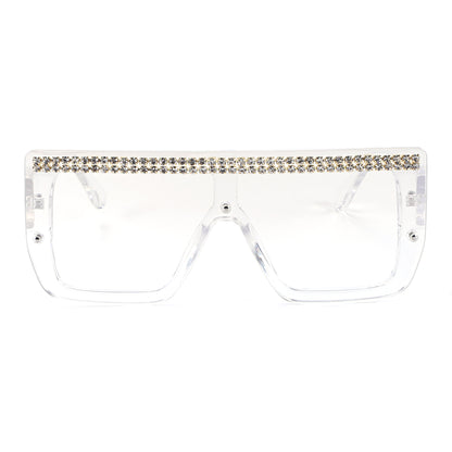 Oversized Square Flat Top Shield Sunglasses with Rhinestone Top Bar TD10816