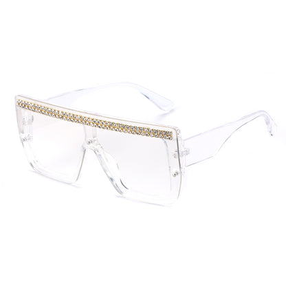 Oversized Square Flat Top Shield Sunglasses with Rhinestone Top Bar TD10816