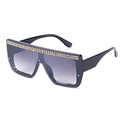 Oversized Square Flat Top Shield Sunglasses with Rhinestone Top Bar TD10816