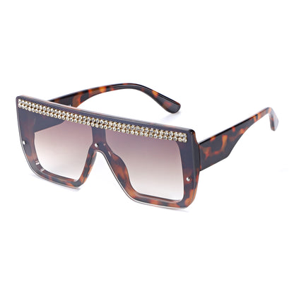 Oversized Square Flat Top Shield Sunglasses with Rhinestone Top Bar TD10816
