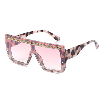 Oversized Square Flat Top Shield Sunglasses with Rhinestone Top Bar TD10816