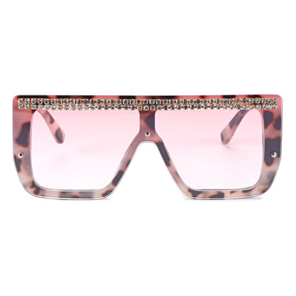Oversized Square Flat Top Shield Sunglasses with Rhinestone Top Bar TD10816