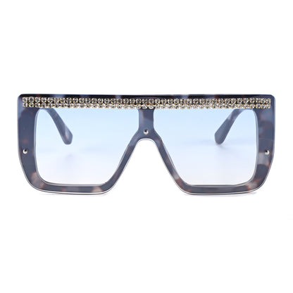 Oversized Square Flat Top Shield Sunglasses with Rhinestone Top Bar TD10816