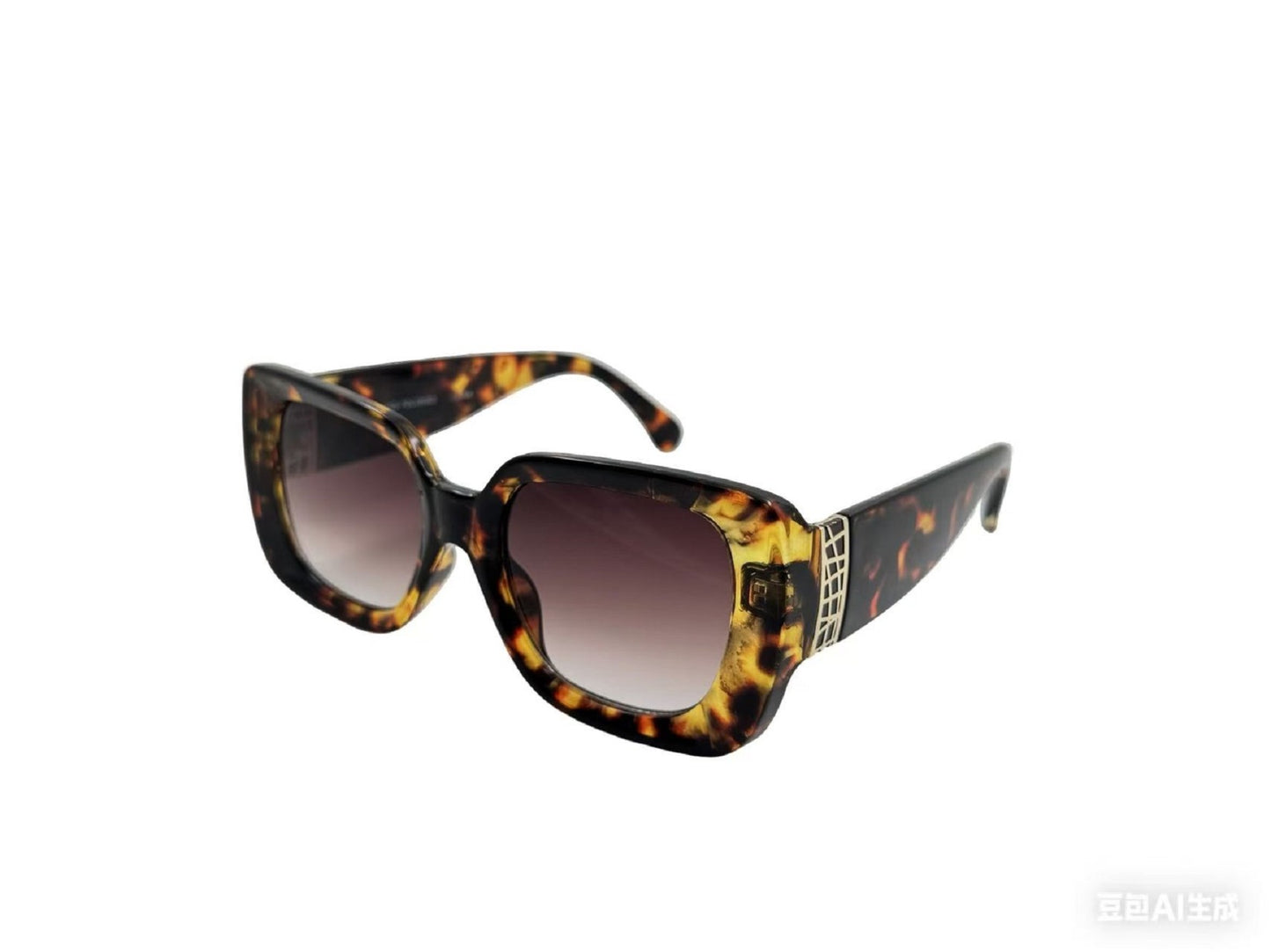 Women's Oversized Square Sunglasses with Wide Temples and Gold Geometric Side Accents P11152