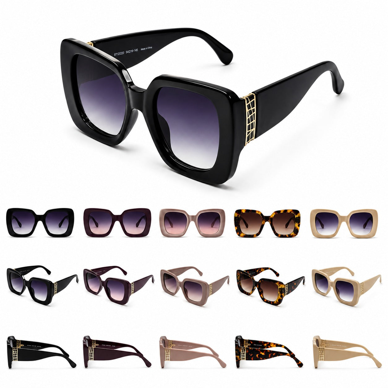 Women's Oversized Square Sunglasses with Wide Temples and Gold Geometric Side Accents P11152